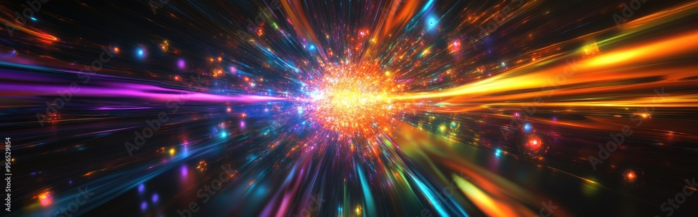 Poster 3D abstract multicolor supernova fractal light background in a cartoon rendering style