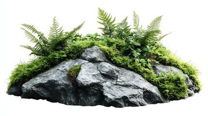 Tropical plant fern moss bush tree jungle stone rock isolated on white background with clipping path : Generative AI