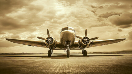 Fototapeta premium Wide vintage airplane in a sepia tone.