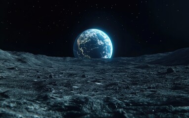 Moon surface in dark tones with Earth in the background depicted in a 3D cartoon rendering
