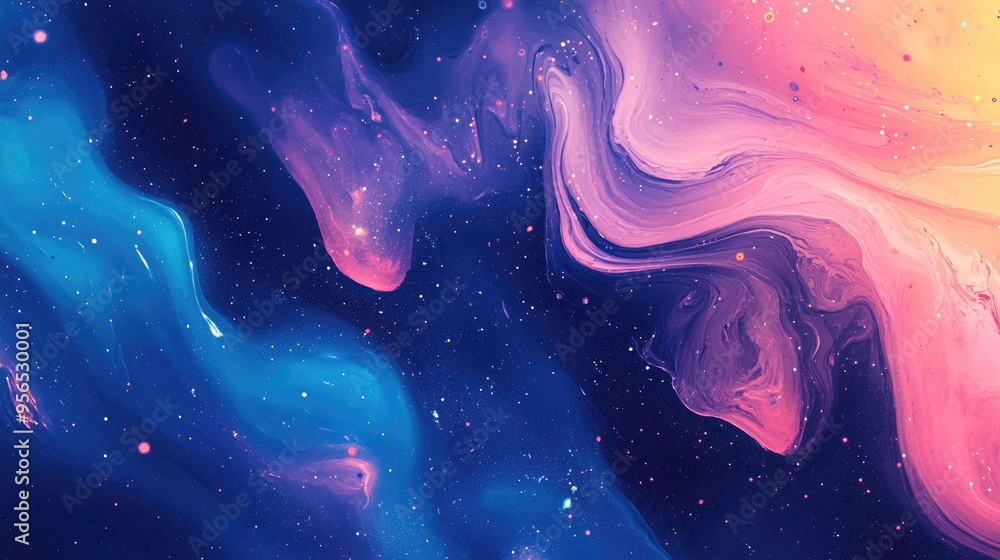 Aufkleber colorful abstract space background on watercolor paper featuring a marble ink nebula stars and hand 