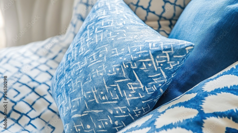 Poster exquisite hand painted geometric fabric features a delicate blue decorative design with a continuous