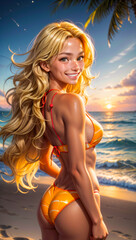 Naklejka premium A woman with long wavy blonde hair smiling brightly in a bikini on the beach at sunset. Generative Ai. 