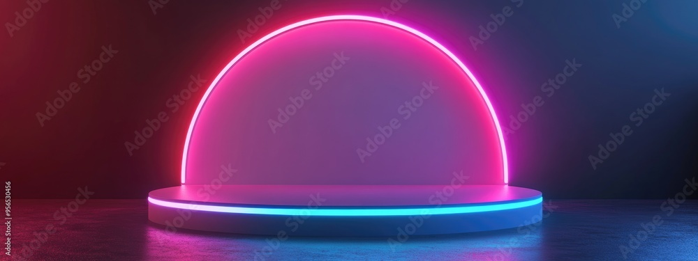 Poster Abstract light lines in a white circular pedestal 3D rendering
