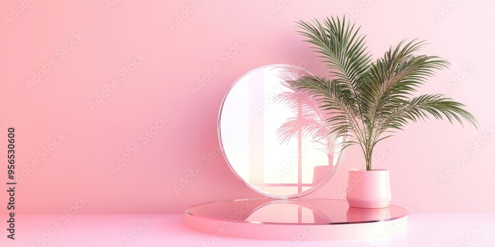 Poster round podium and glass screen on a pink background with a small palm tree natural display minimalist