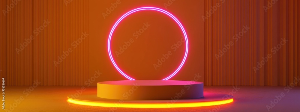 Aufkleber Floating pedestal with a neon line on a thick yellow mat background 3D render of an abstract scene featuring a suspended podium and a neon circular frame