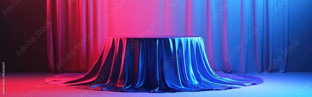 Poster presentation pedestal draped in blue fabric serving as a display for awards or prizes 3d render illu