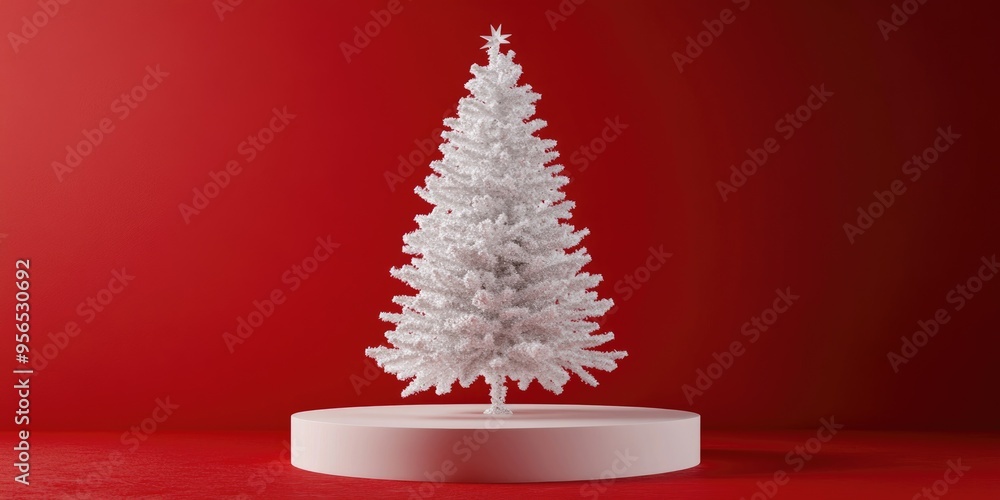Poster blank pedestal product stand with glass texture and a white christmas tree on a red background 3d re