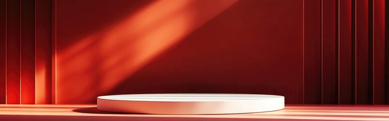 Obraz premium Abstract red background featuring a minimalist podium mockup ideal for modern displays or showcases created through 3D rendering