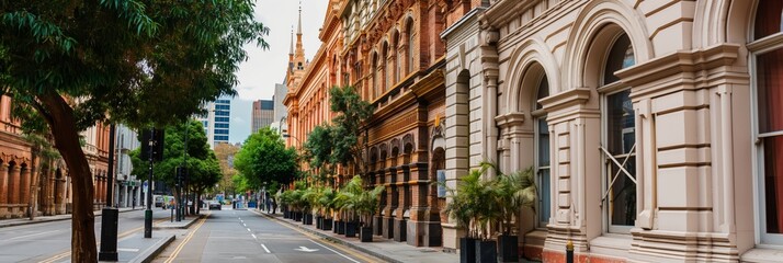 Obraz premium A picturesque urban street scene displaying historic buildings with elegant architecture, complemented by modern elements, blending past and present in a harmonious cityscape.