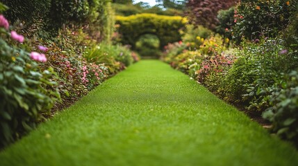 Obraz premium Scenic view of a lush green grass lawn path through a beautiful English style landscape garden with leafy plants and colourful flowers : Generative AI