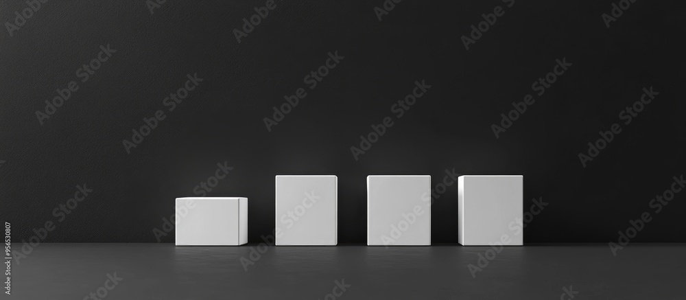 Poster abstract arrangement of five white cubes within a minimalist black space 3d rendering illustration