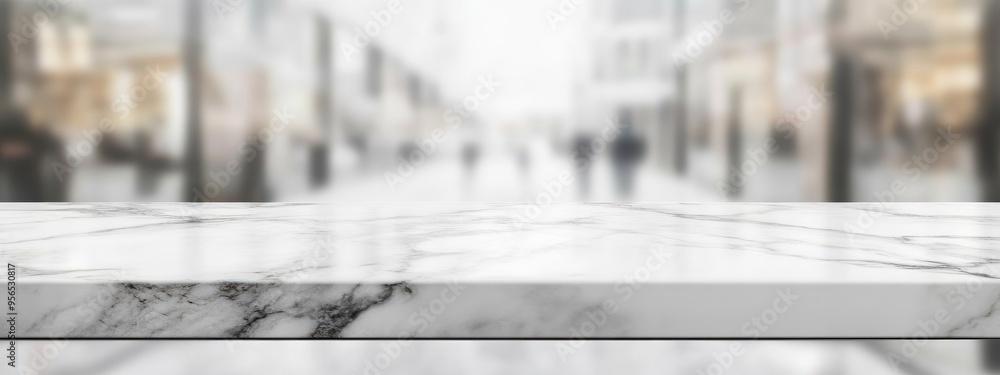 Poster white marble table surface with blurred abstract interior background suitable for product display or