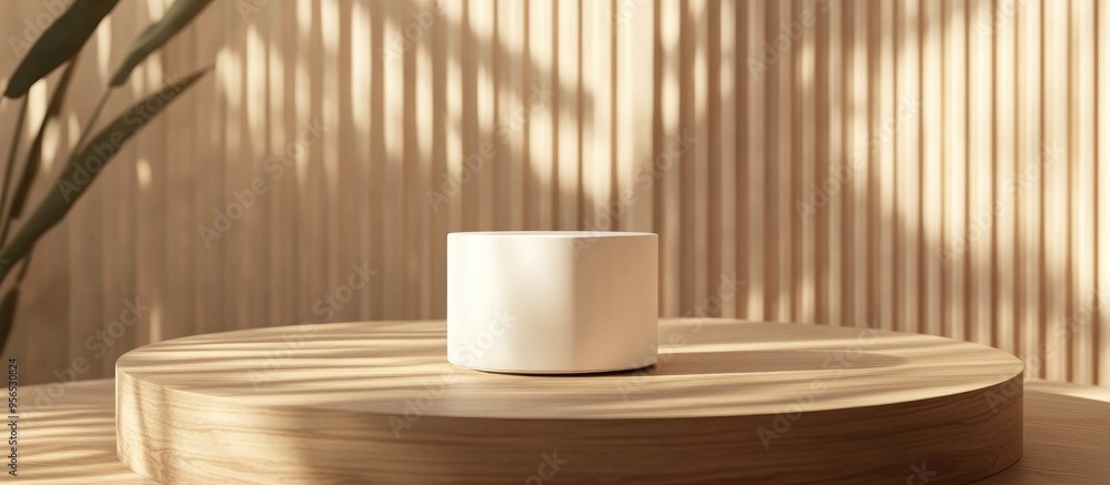 Poster cream cylinder on a circular geometric podium with a brown wood texture in a 3d rendering