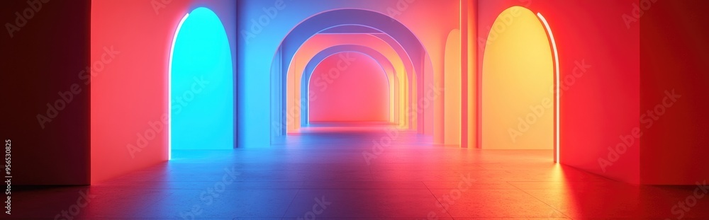Poster Interior background featuring light through arched openings in an empty room 3D rendering