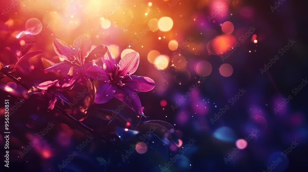 Poster Multi colored liris with a shimmering digital lens flare on a dark background presented in a horizontal format with a warm aesthetic