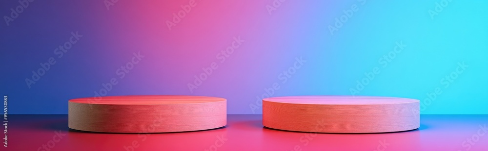 Poster Pastel light red and salmon pink 3D rendering of a minimalistic wooden podium or display stand viewed from above for showcasing nature products