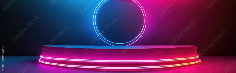 Poster neon lighting in pink and blue creates a vibrant backdrop for a vacant fashion podium with a luminou