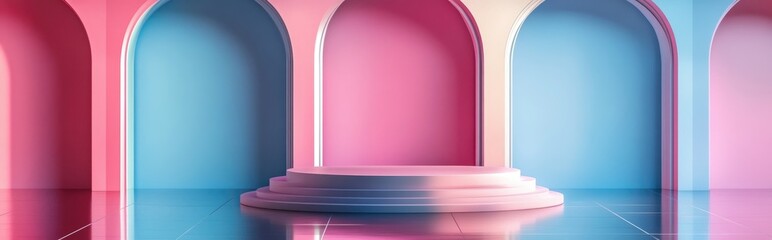 Obraz premium Gradient pink and blue interior featuring three round arches and a podium set against a reflective floor 3D illustration