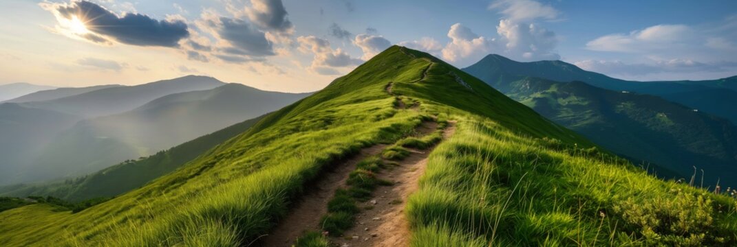 A serene mountain path winding through lush green grass under a vast blue sky adorned with soft clouds, offering a picturesque view of rolling hills and distant peaks.