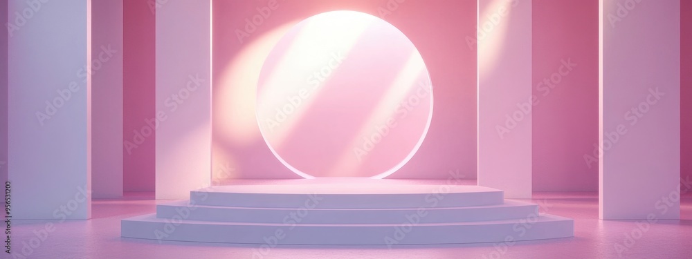 Poster empty 3d rendered studio featuring white geometric podium on the floor abstract platforms for produc