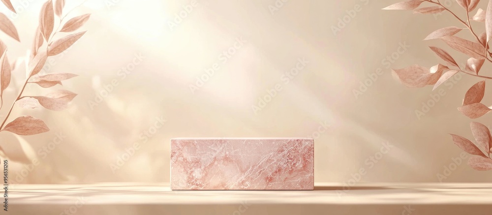 Poster Minimal cream background with a pink marble cube podium in 3D rendering