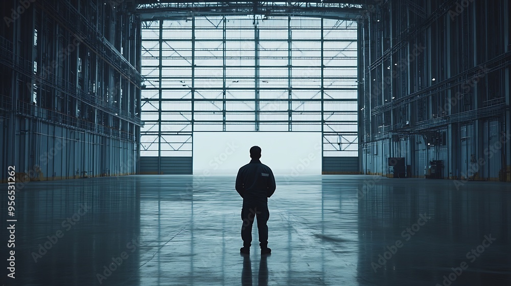 Fototapete Man builder Architect of industrial buildings Construction engineer stands in empty hangar Architect uses internet on his phone Builder of industrial buildings Man engineer in work uni : Generative AI