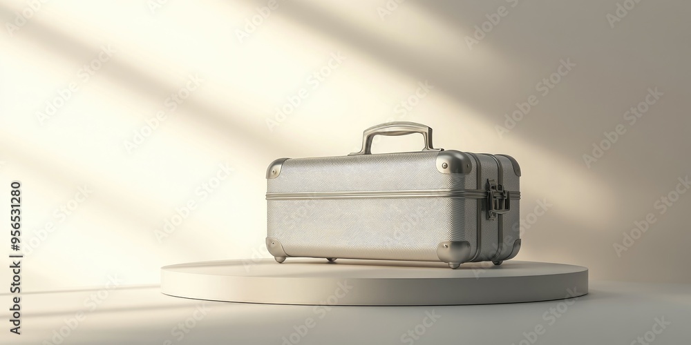 Aufkleber silver suitcase trophy symbolizing victory on a podium with a light background banner indicating sec