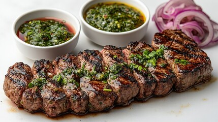 Argentinian chimichurri sauce on grilled steak on a white background