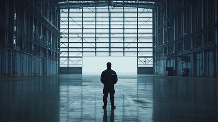 Fototapeta premium Man builder Architect of industrial buildings Construction engineer stands in empty hangar Architect uses internet on his phone Builder of industrial buildings Man engineer in work uni : Generative AI