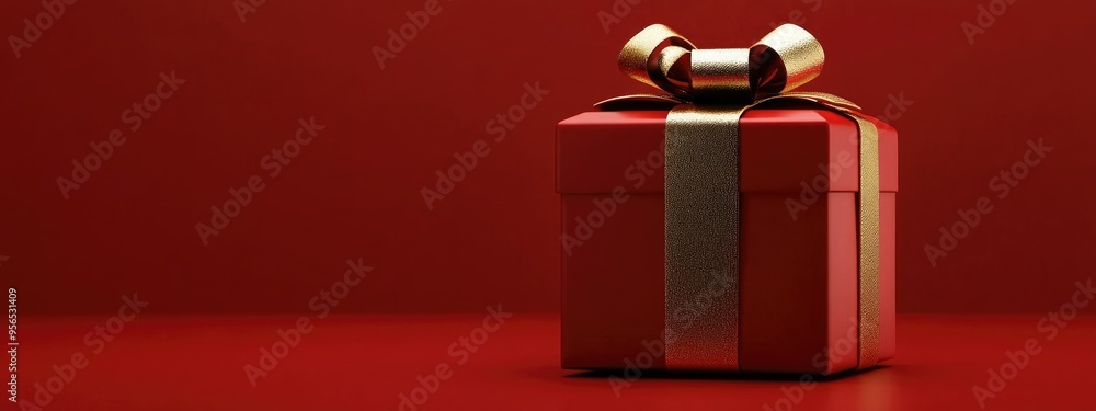 Poster minimalist product backdrop for festive and promotional occasions red gift box adorned with a golden