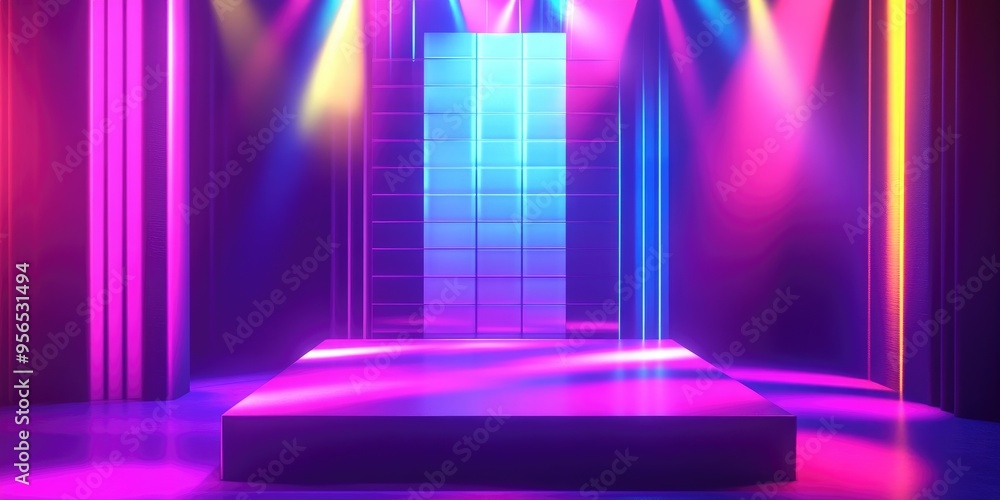 Poster Empty podium with disco panel and rays of light Vibrant stage set for a magical party in a sporty style Bright exhibition space featuring a square stand 3D render showcasing a glinting scene with b
