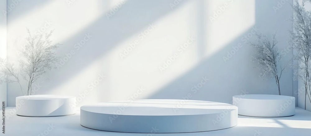 Poster Clean white 3D interior featuring a set of round podiums for product display Ideal setting for showcasing or promoting items through mockup 3D rendering designed for advertising purposes