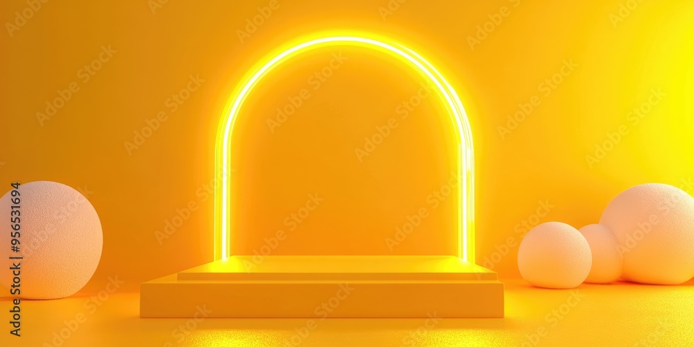 Aufkleber yellow backdrop 3d background featuring a product display podium scene enhanced with a neon light fr