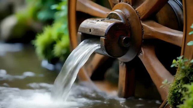 A calming video of a waterwheel turning steadily, powered by flowing water.
