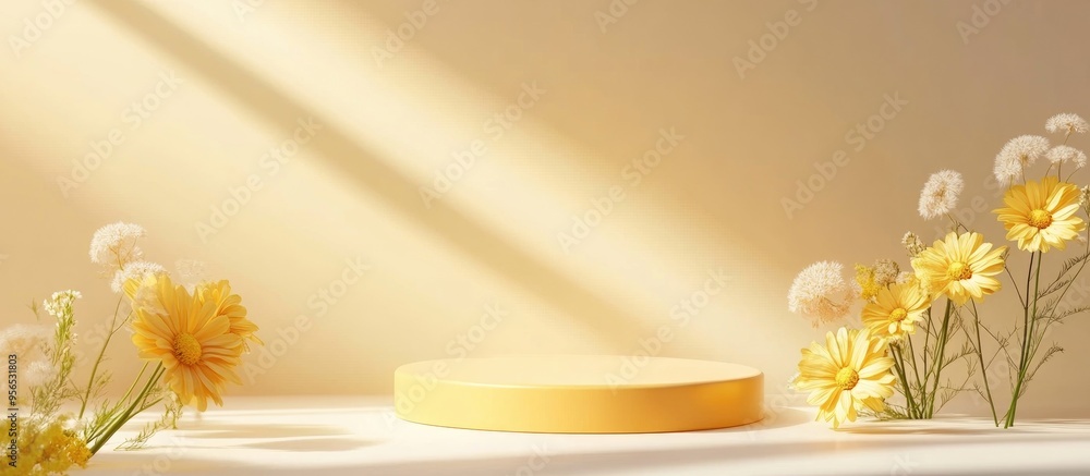 Leinwandbilder 3d summer podium featuring a yellow abstract object and flowers set against a shadowy background a d