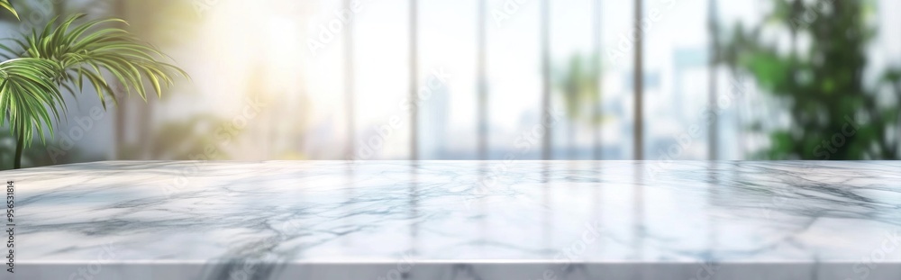 Poster white marble tabletop with a blurred abstract interior background suitable for product display or mo