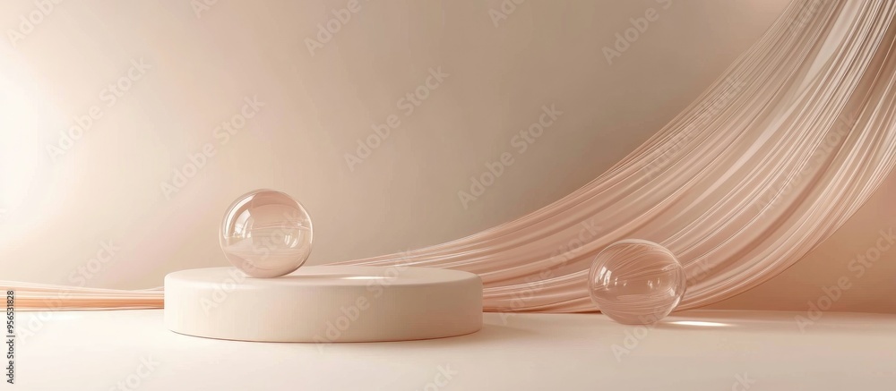 Poster composition featuring smooth rounded shapes in champagne hues for product showcasing 3d rendering
