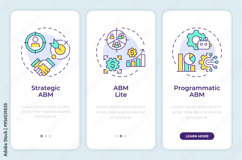 Poster types of abm onboarding mobile app screen. account marketing. walkthrough 3 steps editable graphic i