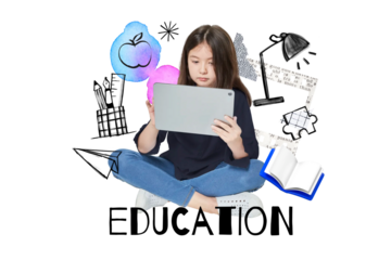 Education word png, girl using tablet remix, transparent background