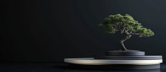 Japanese cosmetic theme featuring a 3D abstract podium and bonsai tree set against a black background for product showcasing 3D rendered illustration