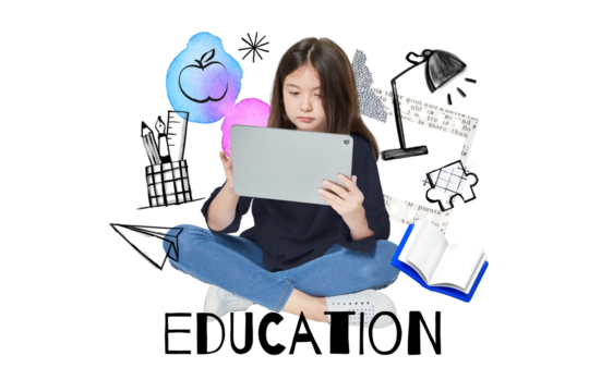 Education word png, girl using tablet remix, transparent background