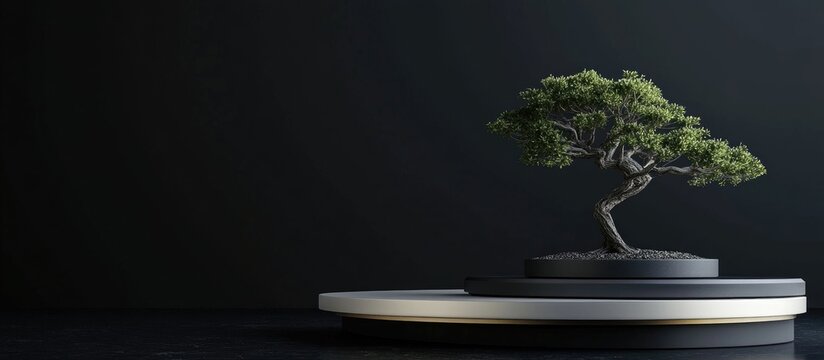 Japanese cosmetic theme featuring a 3D abstract podium and bonsai tree set against a black background for product showcasing 3D rendered illustration