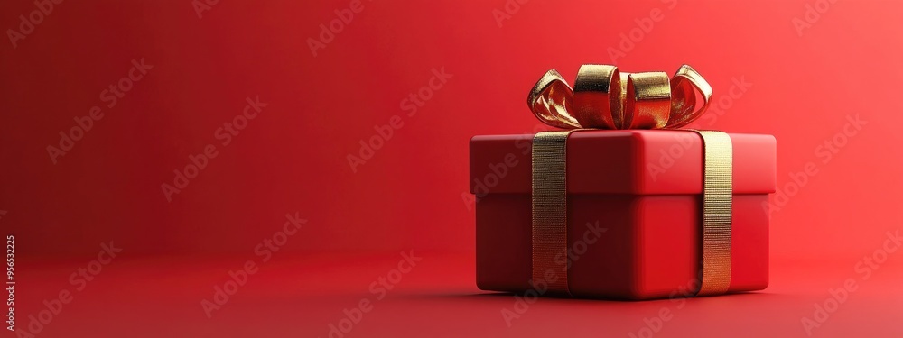 Poster minimalist product backdrop for festive and promotional occasions red gift box adorned with a golden
