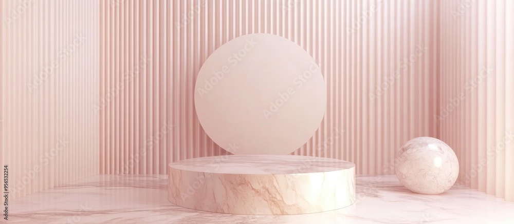 Poster minimal pastel studio background featuring a 3d marble podium and abstract geometric shapes
