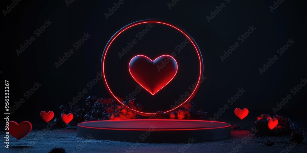 Poster red heart on a podium illuminated against a dark backdrop circular stage designed for showcasing pro