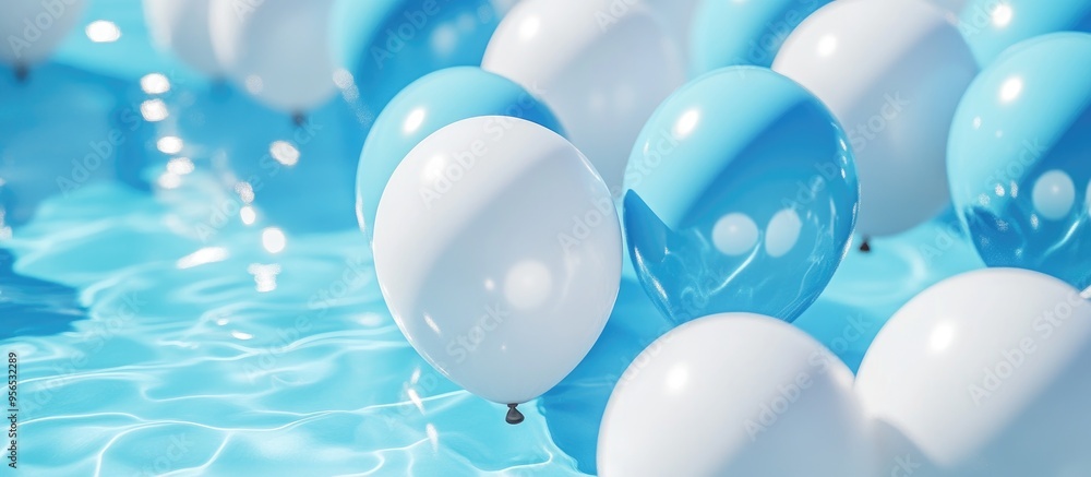 Poster abstract summer composition featuring glossy white and blue balloons floating in a pool 3d rendering