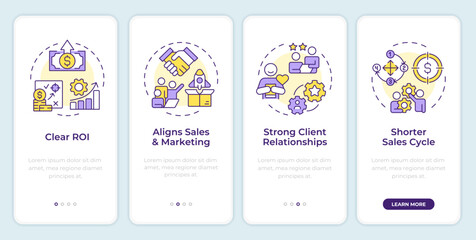 Benefits of abm onboarding mobile app screen. Sales cycle. Walkthrough 4 steps editable graphic instructions with linear concepts. UI, UX, GUI template. Montserrat SemiBold, Regular fonts used