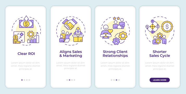 Benefits of abm onboarding mobile app screen. Sales cycle. Walkthrough 4 steps editable graphic instructions with linear concepts. UI, UX, GUI template. Montserrat SemiBold, Regular fonts used