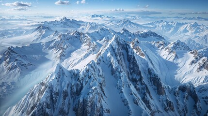 An expansive aerial view showcasing a pristine snow covered mountain range